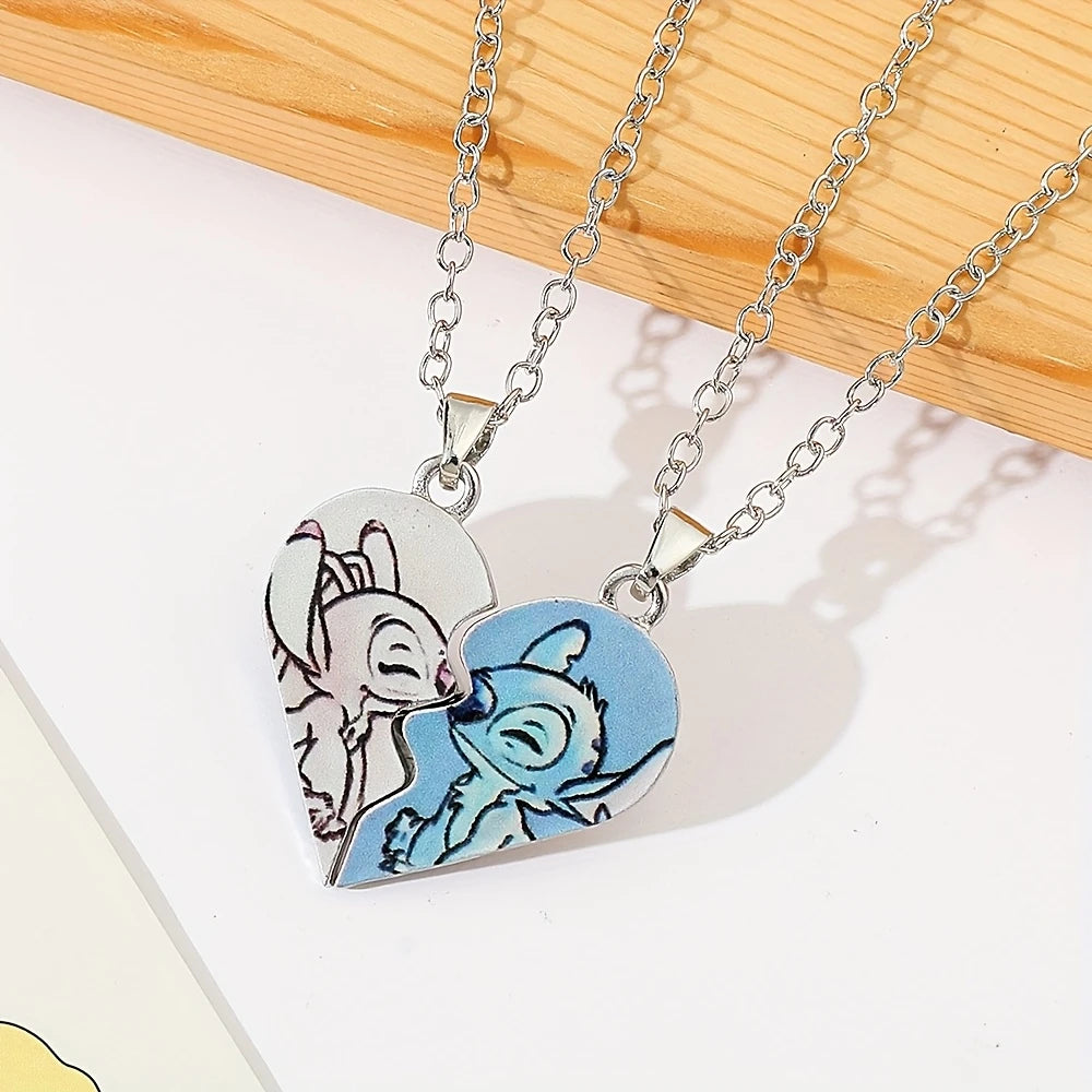 Disney Stitch Couple Necklace: Gold & Silver, Angel & Stitch, Cute Cartoon Style.