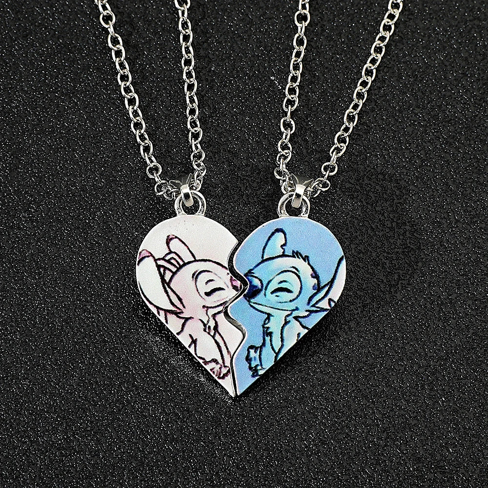 Disney Stitch Gold and Silver Color Necklace for Couples, Angel & Stitch Cartoon Necklace, Ladies Cute Style Chain, Jewelry
