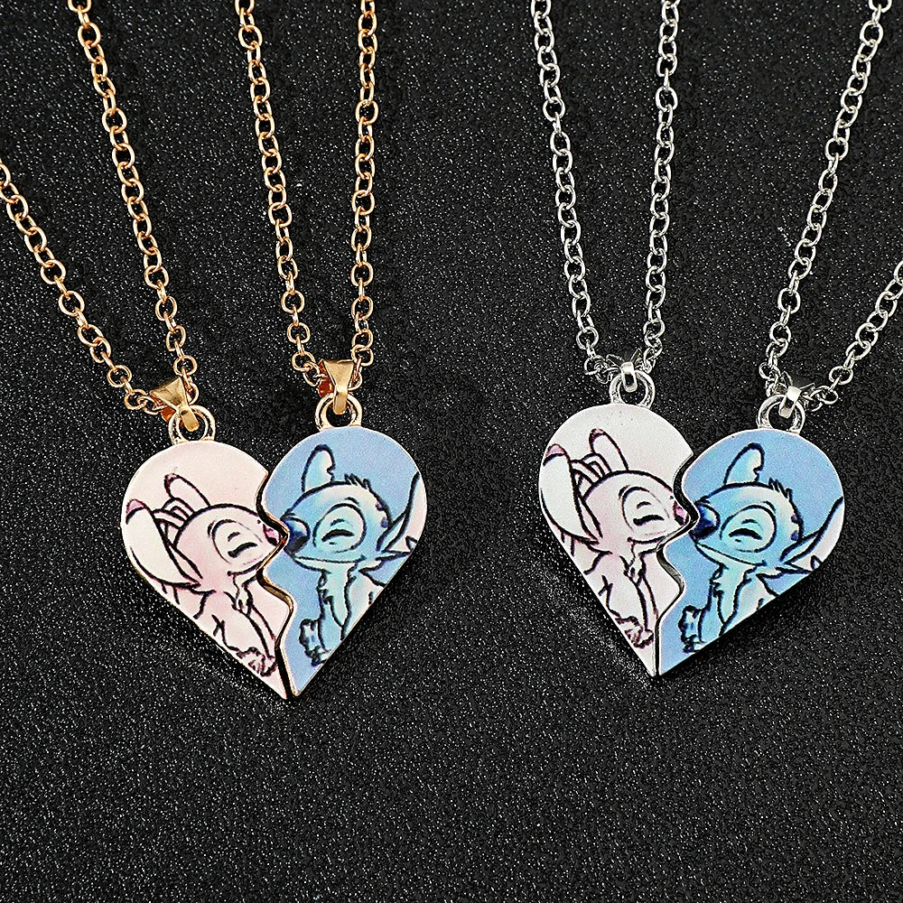 Disney Stitch Gold and Silver Color Necklace for Couples, Angel & Stitch Cartoon Necklace, Ladies Cute Style Chain, Jewelry