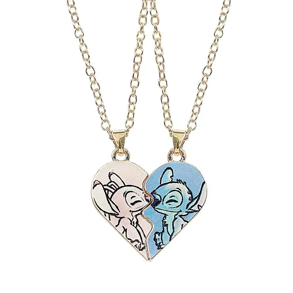 Disney Stitch Gold and Silver Color Necklace for Couples, Angel & Stitch Cartoon Necklace, Ladies Cute Style Chain, Jewelry