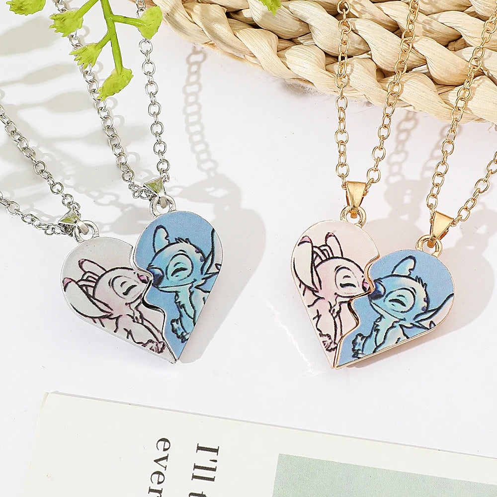 Disney Stitch Gold and Silver Color Necklace for Couples, Angel & Stitch Cartoon Necklace, Ladies Cute Style Chain, Jewelry