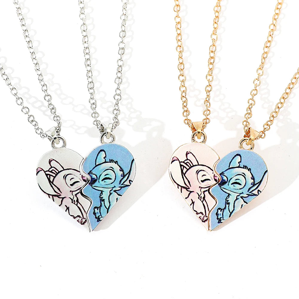 Disney Stitch Gold and Silver Color Necklace for Couples, Angel & Stitch Cartoon Necklace, Ladies Cute Style Chain, Jewelry
