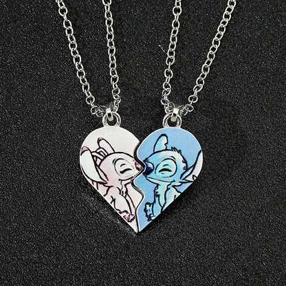 Disney Stitch Gold and Silver Color Necklace for Couples, Angel & Stitch Cartoon Necklace, Ladies Cute Style Chain, Jewelry