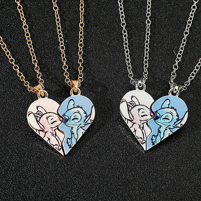 Disney Stitch Gold and Silver Color Necklace for Couples, Angel & Stitch Cartoon Necklace, Ladies Cute Style Chain, Jewelry