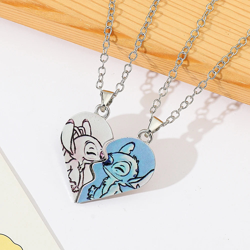 Disney Stitch Gold and Silver Color Necklace for Couples, Angel & Stitch Cartoon Necklace, Ladies Cute Style Chain, Jewelry